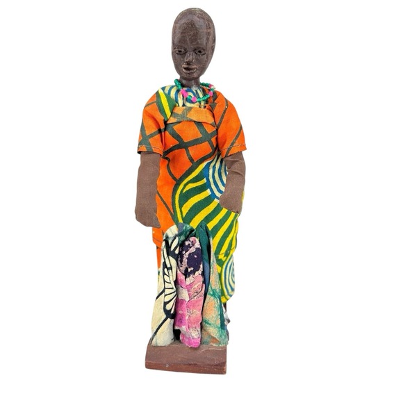 The Unbranded Brand Other - VTG African Woman‎ Figurine w/ Baby Handcrafted Wood & Fabric Folk Art Doll 8"